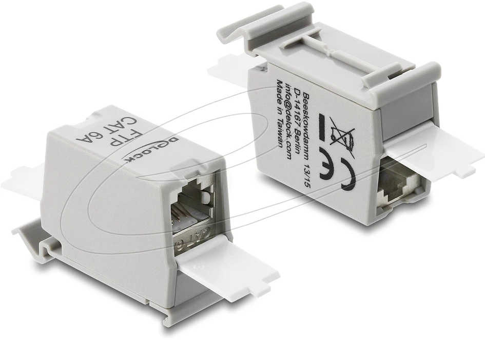 Delock RJ45 jungtis Cat.6A lizdas į lizdą su apsauga nuo dulkių montavimui ant bėgelio ekranuota juoda / balta