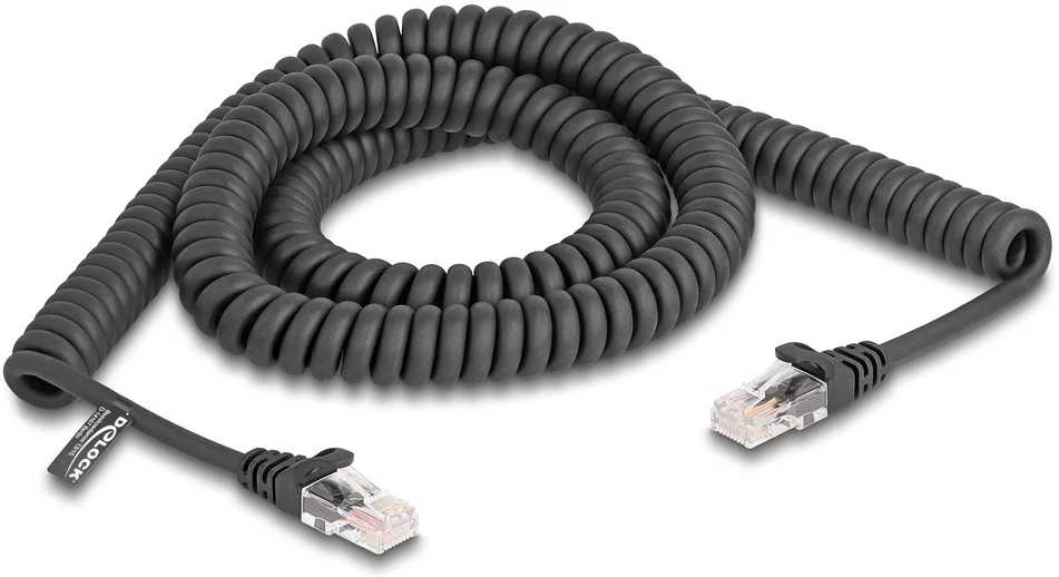 „DeLOCK“ RJ45 spiralinis kabelis, kištukas į kištuką, Cat.5e, 3 m, juodas, 3 m, Cat5e, RJ-45, RJ-45, juodas