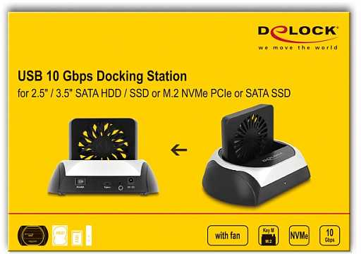 Doko stotelė Delock USB 10 Gbps Doko stotelė dla 2.5? / 3.5? SATA HDD / SSD lub M.2 NVME PCIE lub SATA SSD su wentylatorem (64280)