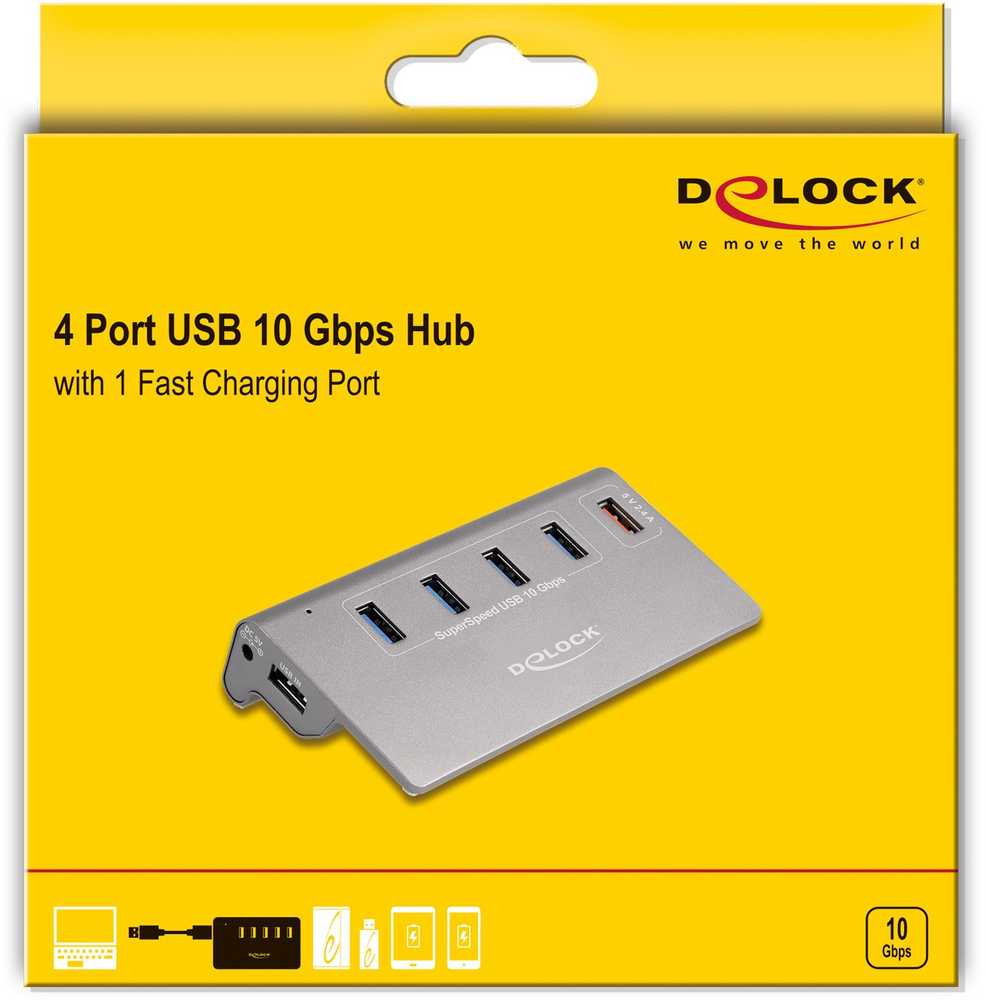 USB ŠAKOTUVAS Delock DeLOCK USB 10 Gbps šakotuvas su 4 USB A tipo prievadais + 1 greito įkrovimo prievadu, USB šakotuvas (pilkas, su maitinimo šaltiniu)