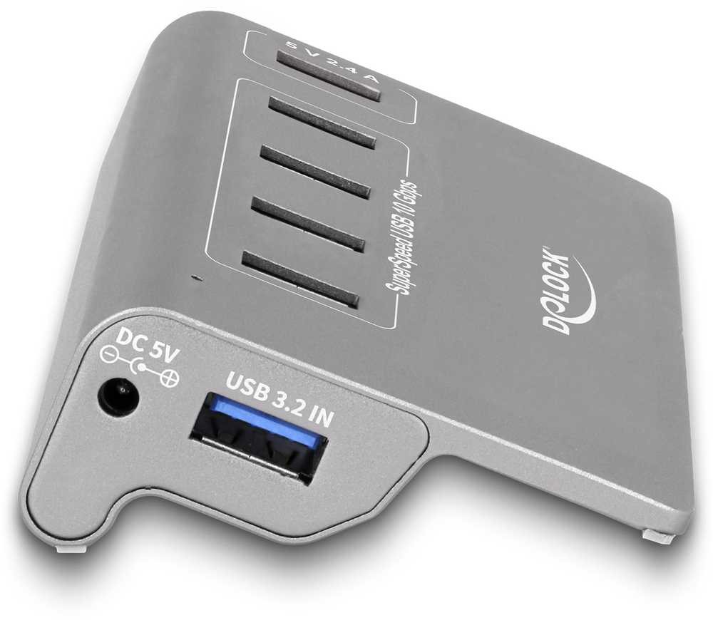 USB ŠAKOTUVAS Delock DeLOCK USB 10 Gbps šakotuvas su 4 USB A tipo prievadais + 1 greito įkrovimo prievadu, USB šakotuvas (pilkas, su maitinimo šaltiniu)
