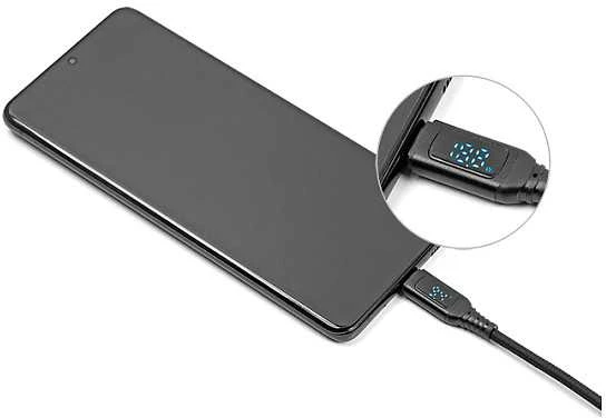 Delock USB 2.0 Schnellladekabel USB Type-C™ + USB Typ-A Stecker zu USB Type-C™ Stecker PD 3.1 140 W mit Leistungsanzeige 1,20 m