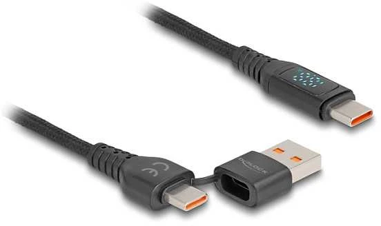 Delock USB 2.0 Schnellladekabel USB Type-C™ + USB Typ-A Stecker zu USB Type-C™ Stecker PD 3.1 140 W mit Leistungsanzeige 1,20 m