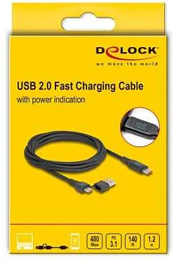 Delock USB 2.0 Schnellladekabel USB Type-C™ + USB Typ-A Stecker zu USB Type-C™ Stecker PD 3.1 140 W mit Leistungsanzeige 1,20 m