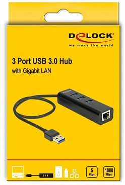 Delock HUB USB 3.0 3 išoriniai prievadai + 1 x Gigabit LAN prievadas