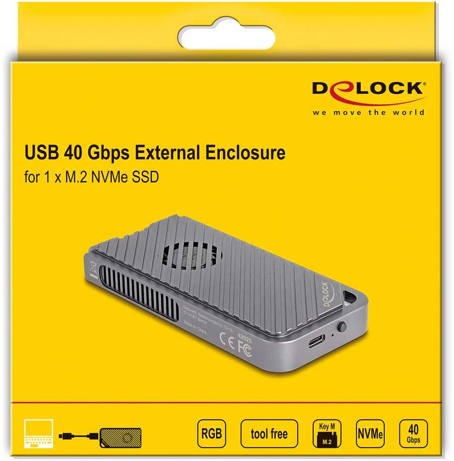 Delock USB 40 Gbps Gehäuse für 1 x M.2 NVMe SSD im Gaming Style mit LED und Lüfter - werkzeugfrei