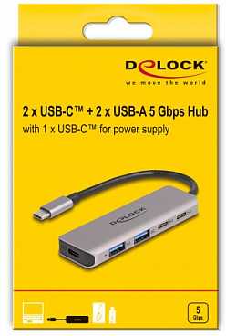 Delock - Hub - 2 x USB-C + 2 x USB + 1 x USB-C (Zasilanie) - Desktop (64239)