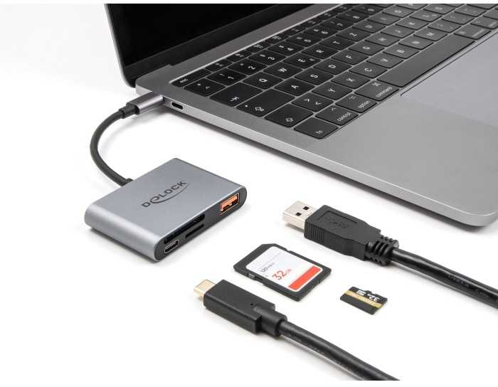 Skaitytuvas Delock DELOCK USB-C Card Reader fur SD und Micro SD Speicherkarten + USB 10 Gbps Typ-A Port und USB Type-C PD 2.0 85 W