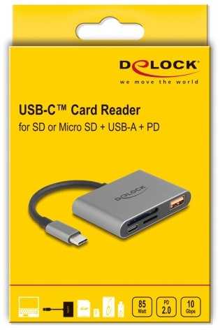 Skaitytuvas Delock DELOCK USB-C Card Reader fur SD und Micro SD Speicherkarten + USB 10 Gbps Typ-A Port und USB Type-C PD 2.0 85 W