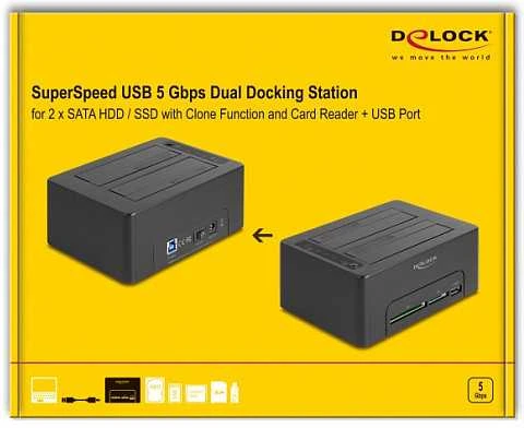 DeLOCK USB dviguba dokingo stotis 2 x SATA HDD / SSD su klonavimo funkcija ir kortelių skaitytuvu + papildomu USB prievadu, HDD, SSD, Serial ATA III, 2.5, 3.5", USB 3.2 Gen 1 (3.1 Gen 1) Type-B, juoda, plastikas