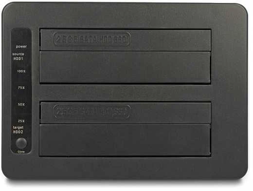 DeLOCK USB dviguba dokingo stotis 2 x SATA HDD / SSD su klonavimo funkcija ir kortelių skaitytuvu + papildomu USB prievadu, HDD, SSD, Serial ATA III, 2.5, 3.5", USB 3.2 Gen 1 (3.1 Gen 1) Type-B, juoda, plastikas