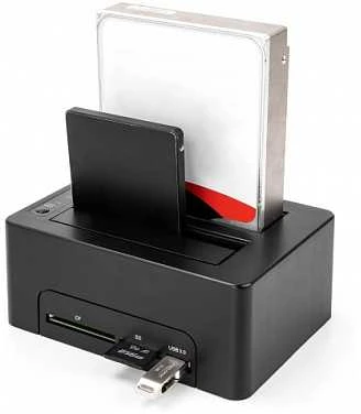 DeLOCK USB dviguba dokingo stotis 2 x SATA HDD / SSD su klonavimo funkcija ir kortelių skaitytuvu + papildomu USB prievadu, HDD, SSD, Serial ATA III, 2.5, 3.5", USB 3.2 Gen 1 (3.1 Gen 1) Type-B, juoda, plastikas