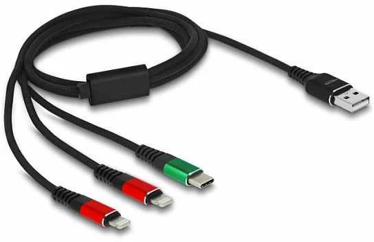 „Delock“ USB įkrovimo laidas „3 viename“ nuo A tipo iki 2 x „Lightning“ / „C“ tipo USB laidas, 1 m