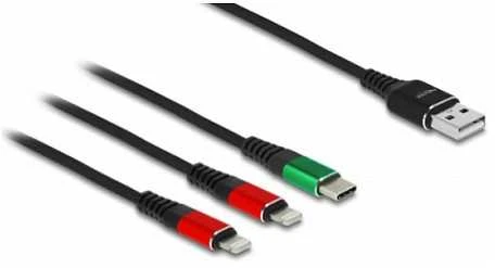 „Delock“ USB įkrovimo laidas „3 viename“ nuo A tipo iki 2 x „Lightning“ / „C“ tipo USB laidas, 1 m