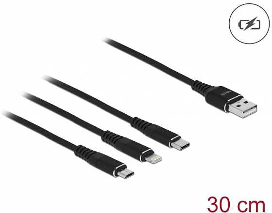 „Delock“ USB įkrovimo laidas „3 viename“, skirtas „Lightning“ / „MicroUSB“ / „Type-C“, 30 cm juodas