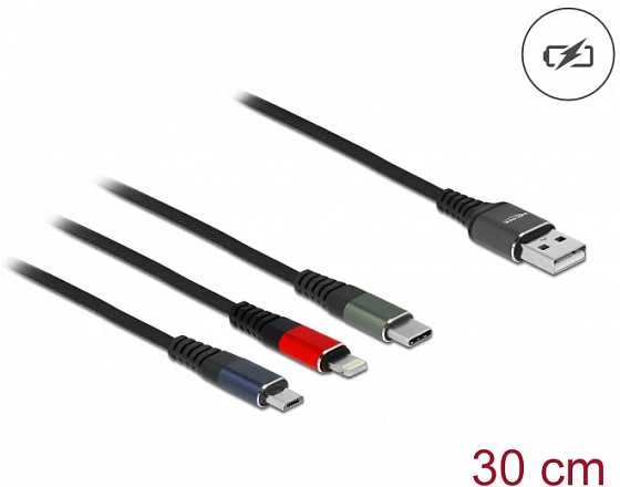 „Delock“ USB įkrovimo laidas „3 viename“, skirtas „Lightning“ / „MicroUSB“ / „Type-C“, 30 cm, 3 spalvų