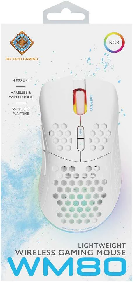 Belaidė itin lengva žaidimų pelė DELTACO GAMING Baltas LINE 70g svorio, RGB, SPCP6651, 400-6400 DPI, 1000 Hz, balta / GAM-120-W