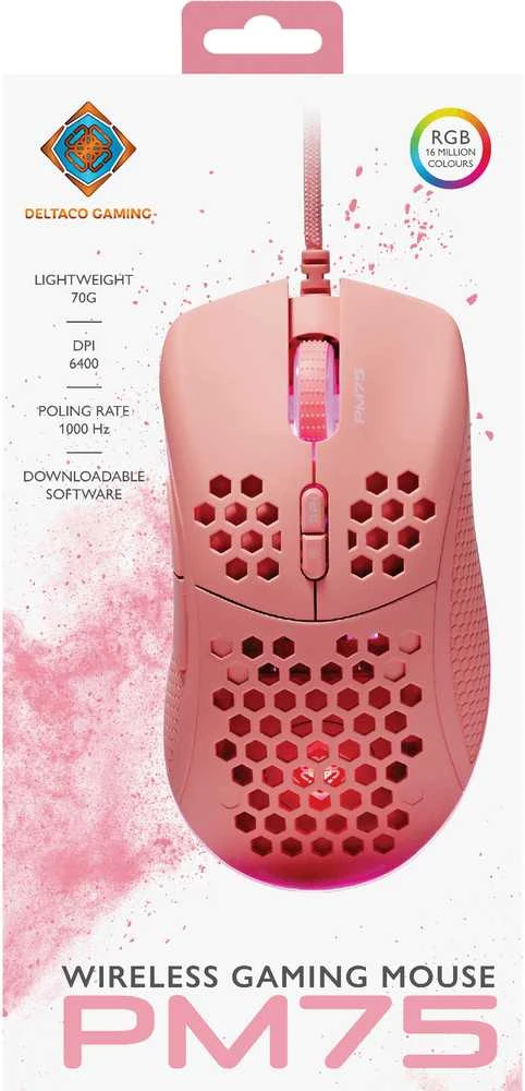 Klaviatūra Itin lengva žaidimų pelė DELTACO GAMING PM75 6400 DPI, RGB, guma padengtos šoninės rankenos, rožinė / GAM-108-P
