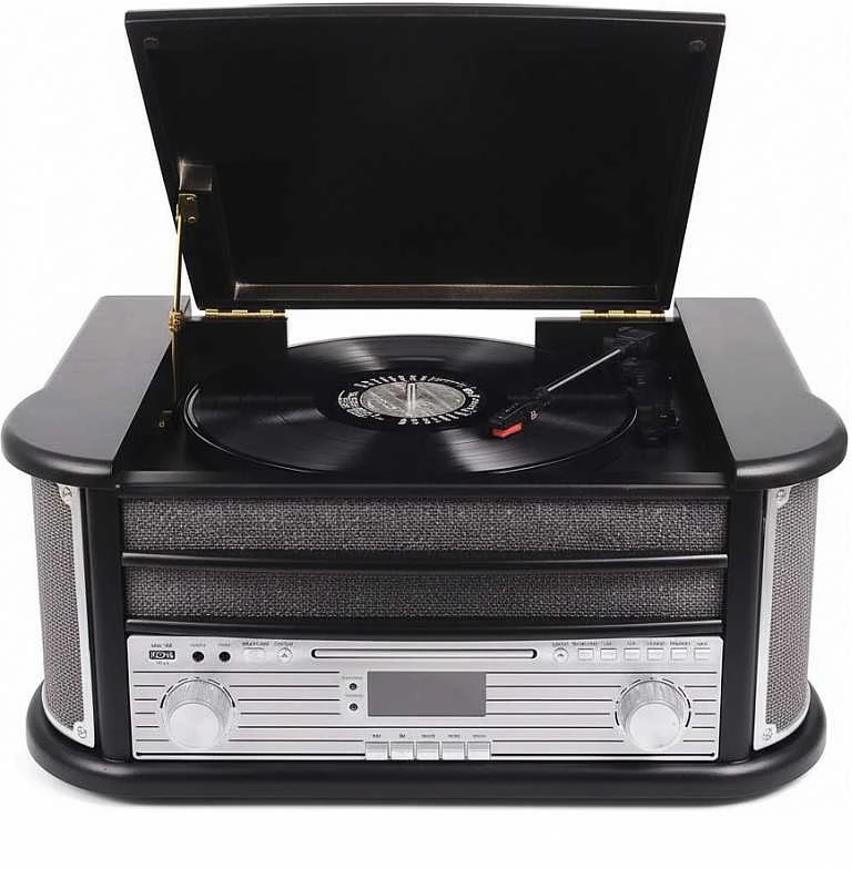 Muzikinis centras Medinis retro muzikos centras Denver MRD-51 su juodu patefonu