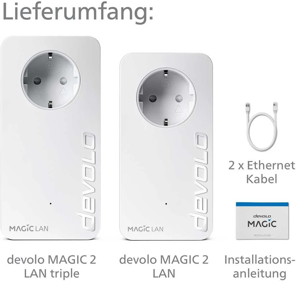 Maršrutizatorius „devolo Magic 2 LAN“ trigubas maitinimo adapteris Devolo + pradinis rinkinys, „Powerline“ (2 adapteriai)