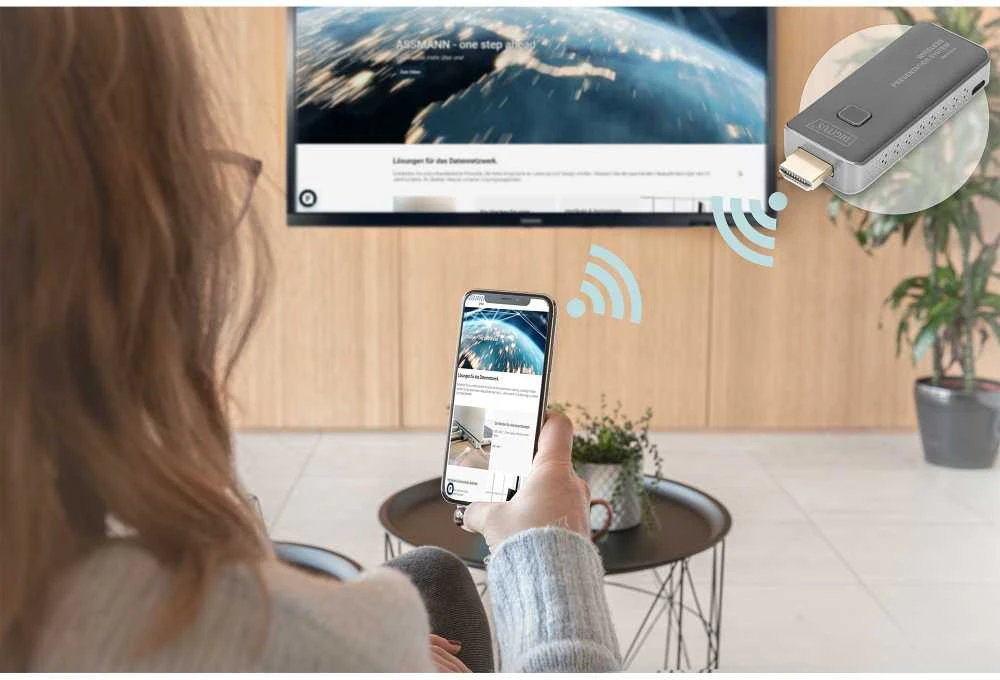 Assmann Electronic „Assmann“ elektroninė DIGITUS belaidė pristatymo sistema 50 m „Dongle“ 16–1 „Full HD“ mobiliojo ekrano bendrinimas