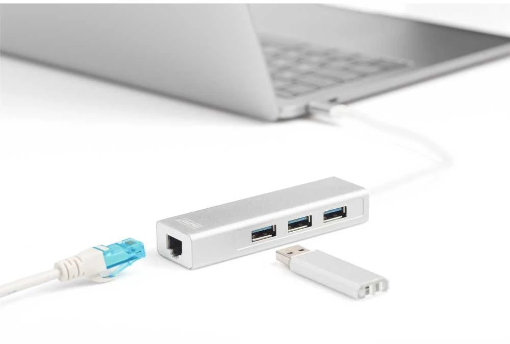 Assmann Electronic DIGITUS 3 Port USB 3.0 Type C Hub su Gigabit Ethernet 3xUSB A/F 1xUSB C/M 1xRJ45 LAN Palaiko Windows ir Mac OS