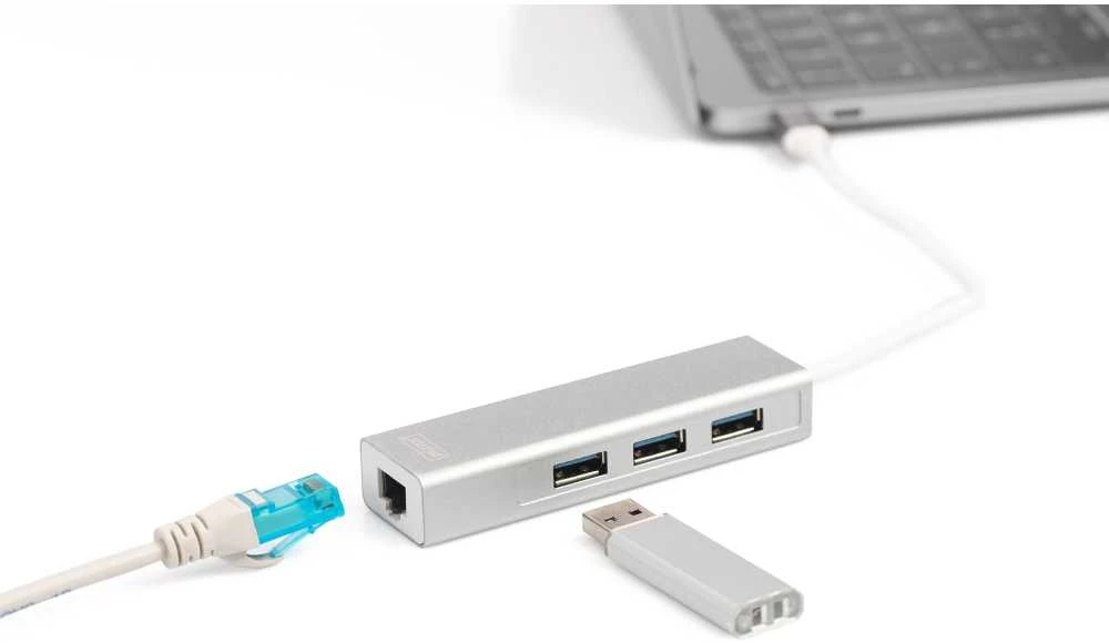 Assmann Electronic DIGITUS 3 Port USB 3.0 Type C Hub su Gigabit Ethernet 3xUSB A/F 1xUSB C/M 1xRJ45 LAN Palaiko Windows ir Mac OS