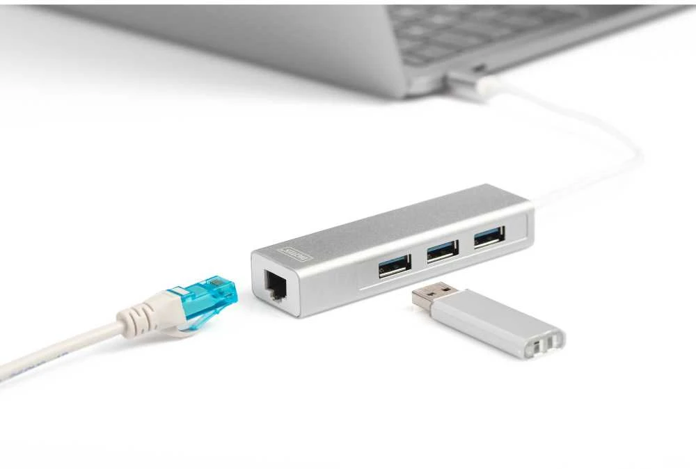 Assmann Electronic DIGITUS 3 Port USB 3.0 Type C Hub su Gigabit Ethernet 3xUSB A/F 1xUSB C/M 1xRJ45 LAN Palaiko Windows ir Mac OS