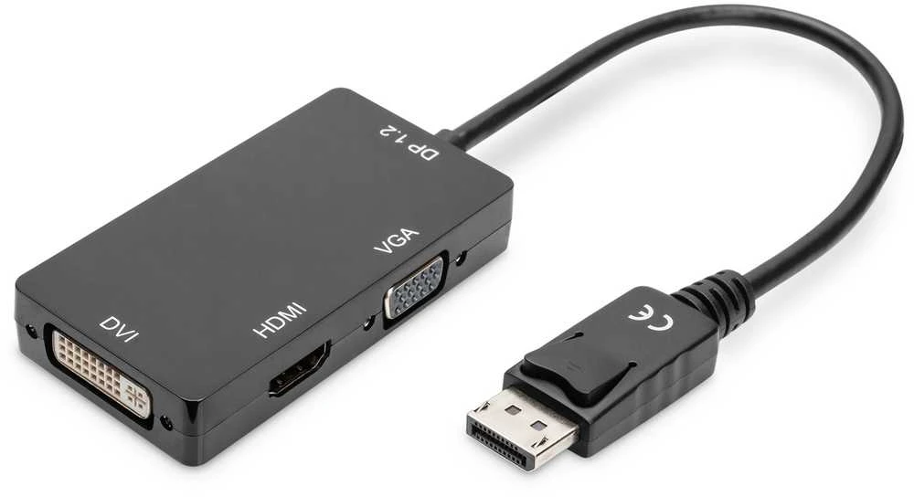 Šakotuvas Assmann Electronic ASSMANN DisplayPort konverteris kabelis DP - HDMI+DVI+VGA M-F/F/F 0 2m 3 in 1 Multi-Media kabelis CE bl auksinis