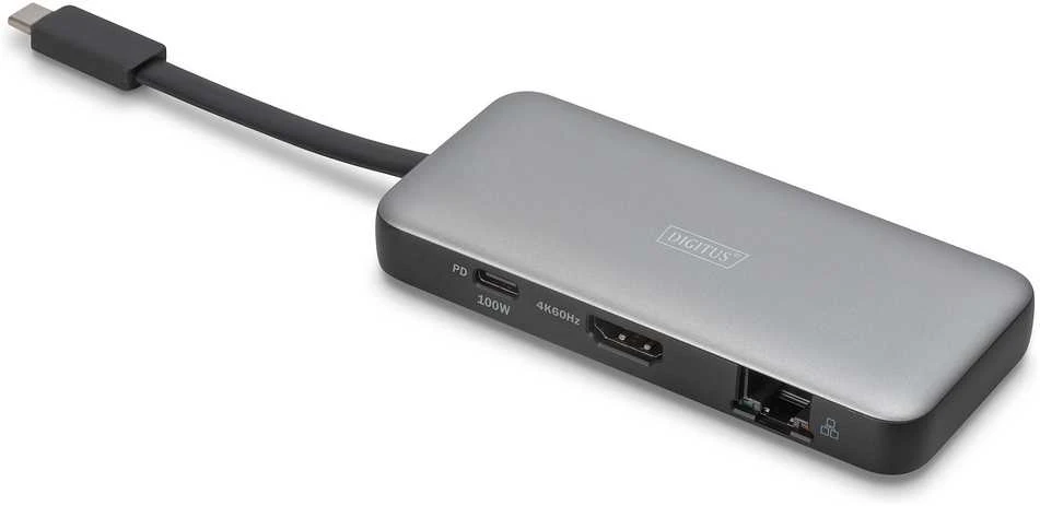 „Digitus Doko“ kelioninė stotelė USB-C 7 prievadų, maks. 4K/60Hz su HDR, HDMI, USB-A 3.2 Gen1, gigabito Ethernet, SD/Micro SD, PD 100W