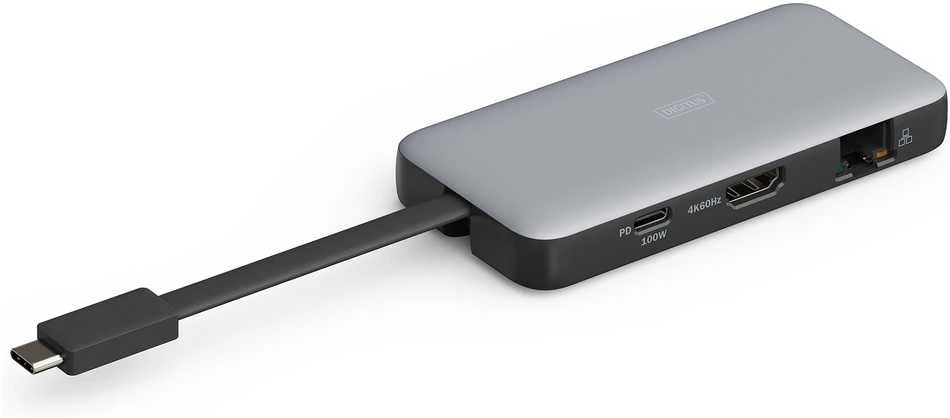 „Digitus Doko“ kelioninė stotelė USB-C 7 prievadų, maks. 4K/60Hz su HDR, HDMI, USB-A 3.2 Gen1, gigabito Ethernet, SD/Micro SD, PD 100W