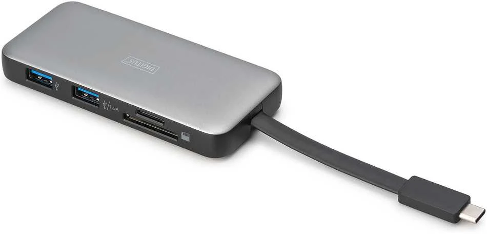„Digitus Doko“ kelioninė stotelė USB-C 7 prievadų, maks. 4K/60Hz su HDR, HDMI, USB-A 3.2 Gen1, gigabito Ethernet, SD/Micro SD, PD 100W