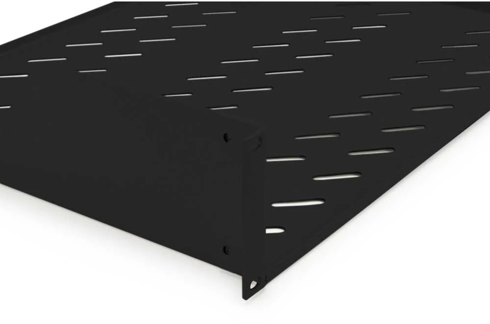 „Digitus“ | 2U fiksuota lentyna stelažams | DN-19 TRAY-2-SW | Puikiai tinka laikyti komponentus, kurie nėra tinkami 483 mm (19 colių) aukščio elementams. Plonas dizainas, užimantis 2 aukščio elementų vietą. Lengva ir greita sumontuoti arba išmontuoti. Matmenys 88 x 482 x 349 mm, svoris 25 kg | Juodas