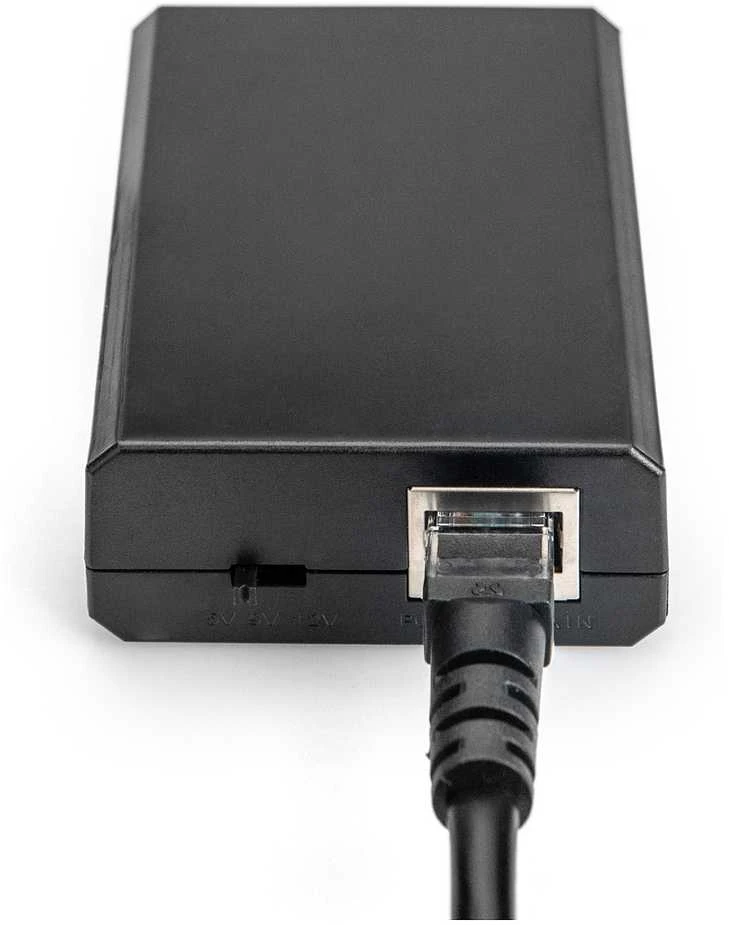 Šakotuvas Assmann Electronic DIGITUS Gigabit PoE+ Splitter 10 100 1000 Mbps 24W Įvestis: 802.3at PoE Išėjimas: 5V 2A 9V 2A 12V 2A plastikinis korpusas juodas