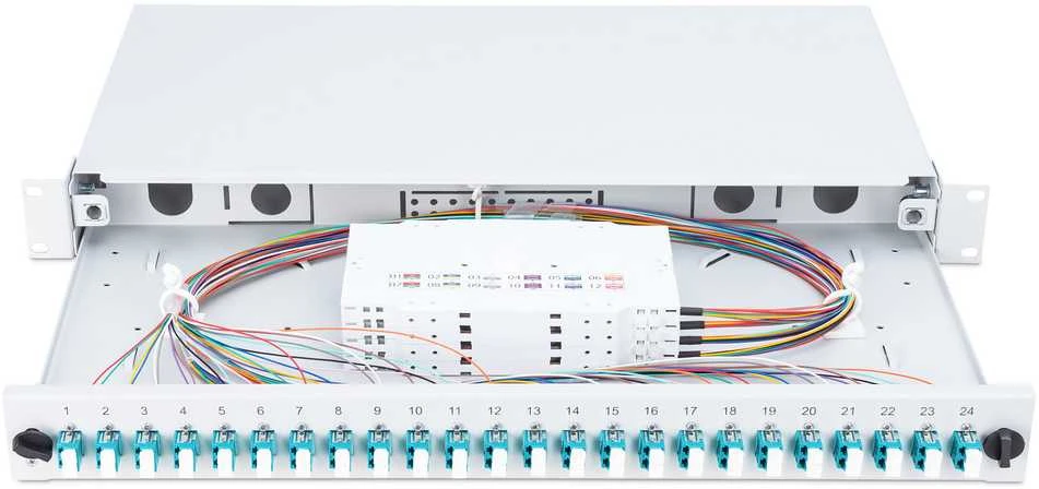 Assmann Electronic DIGITUS šviesolaidinis stumdomas sujungimo dėžė 1U Įrengtas 24x LC dupleksas, įskaitant. M 25 Screw Splice Cassette OM3 Color Pigtails Adapteris