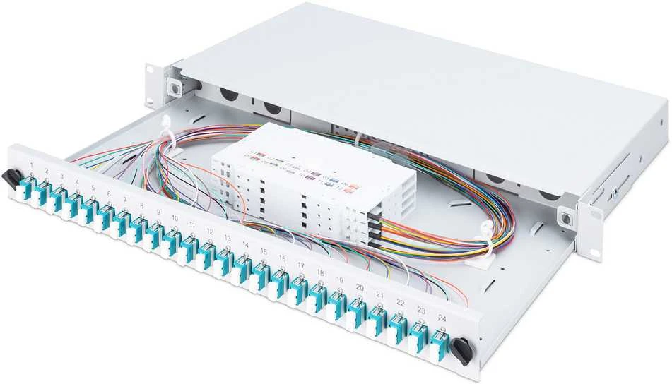 Assmann Electronic DIGITUS šviesolaidinis stumdomas sujungimo dėžė 1U Įrengtas 24x LC dupleksas, įskaitant. M 25 Screw Splice Cassette OM3 Color Pigtails Adapteris