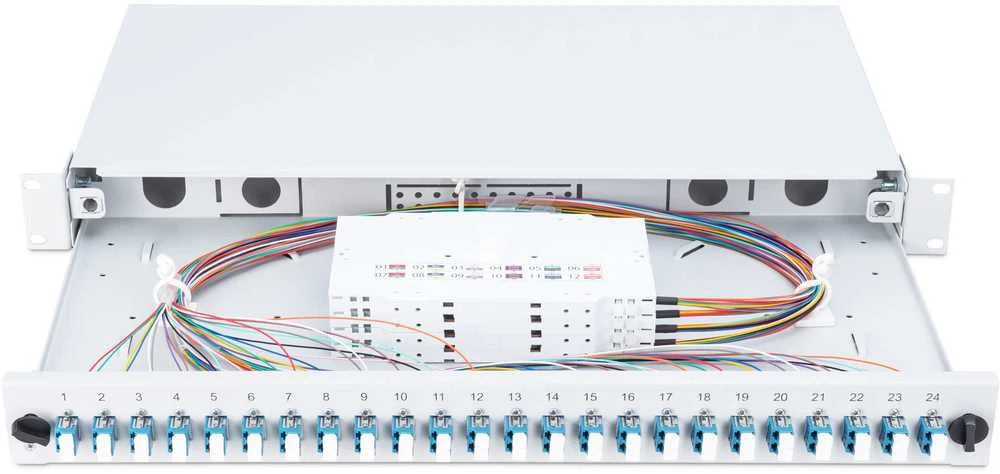 Assmann Electronic DIGITUS 19 colių šviesolaidinis stumdomas sujungimo dėžė 1U įrengtas 24xLC Duplex OS2 pilkas