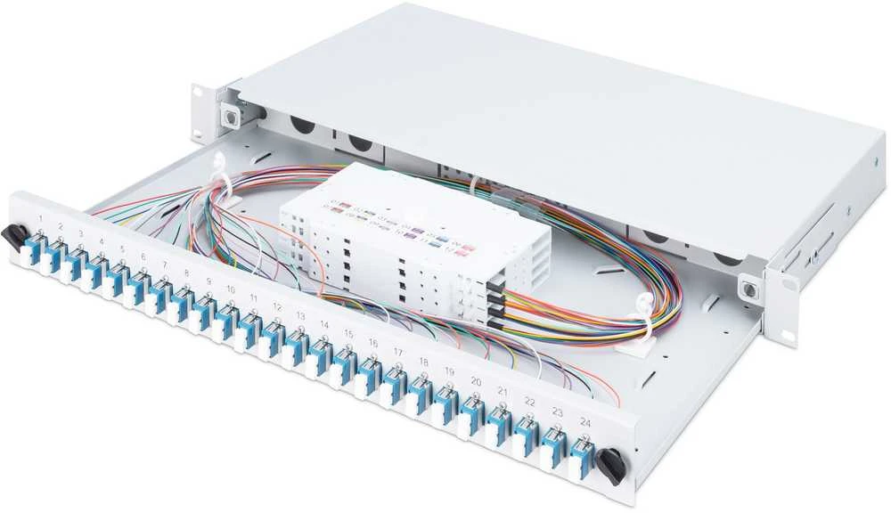 Assmann Electronic DIGITUS 19 colių šviesolaidinis stumdomas sujungimo dėžė 1U įrengtas 24xLC Duplex OS2 pilkas