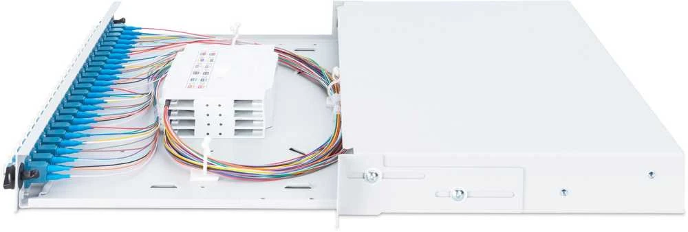Assmann Electronic DIGITUS 19 colių šviesolaidinis stumdomas sujungimo dėžė 1U įrengtas 24xLC Duplex OS2 pilkas