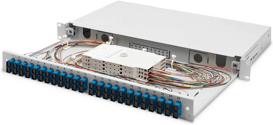 Assmann Electronic DIGITUS šviesolaidinė slankioji sujungimo dėžė 1U Įrengta 24x SC dupleksas, įsk. M 25 Screw Splice Cassette Color Pigtails OS2 Adapteris