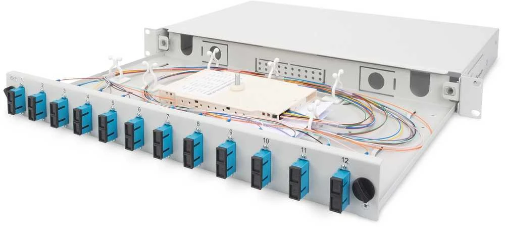 „Digitus“ optinio pluošto sujungimo dėžutės priekinis skydelis, greitas užraktas, 12x SC DX, 1U | DN-96200-QL | Pilkas