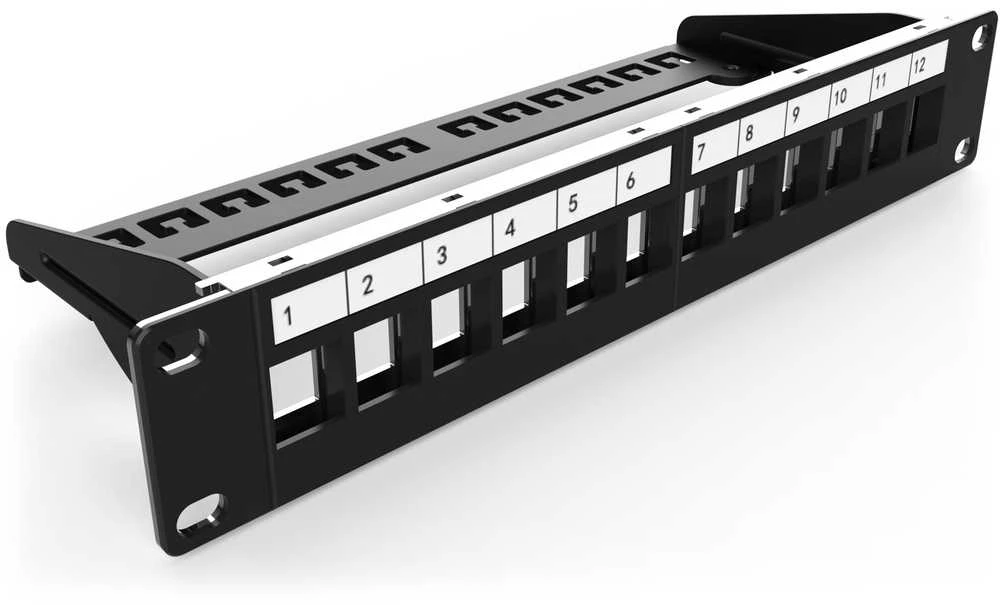 Assmann Electronic DIGITUS Modular Patch Panel ekranuotas 12 prievadų tuščias 1U 10 colių 10 colių stovo montavimo spalva juodas RAL 9005