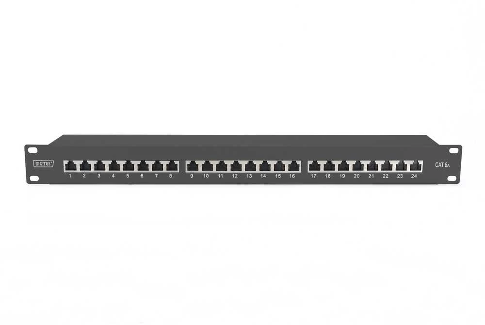 Digitus CAT 6A | Patch Panel | RJ45, 8P8C | Tinka montuoti 483 mm (19 colių) spintelėje; Perdavimo savybės: 6A kategorija, EA klasė; Taikymo sritis: iki 500 MHz, 10 GBase-T; Dydis: 482,6 x 44 x 109 mm | RJ45 ekranas (alavuota bronza)