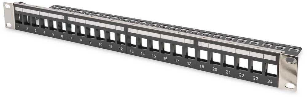 Šakotuvas Assmann Electronic DIGITUS Modulinis patch panelis ekranuotas 24 prievadų tuščias 1U stovo tvirtinimo spalva juodas skaidrūs logotipo laukai