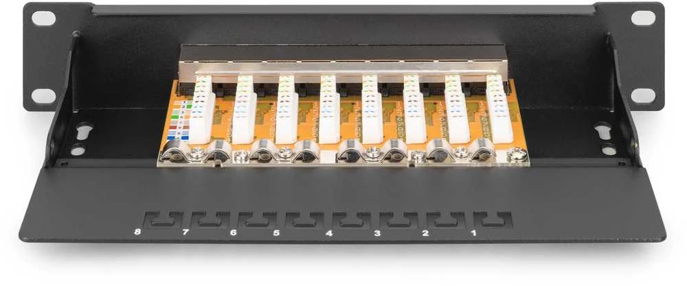 Assmann Electronic DIGITUS CAT 6 E klasės skydelis ekranuotas 8 prievadų RJ45 8P8C LSA 1U 254 mm (10 colių) Rack Mount spalva juodas RAL 9005