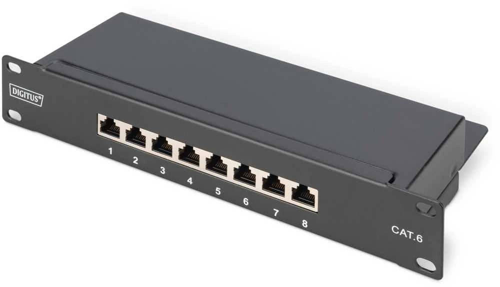 Assmann Electronic DIGITUS CAT 6 E klasės skydelis ekranuotas 8 prievadų RJ45 8P8C LSA 1U 254 mm (10 colių) Rack Mount spalva juodas RAL 9005