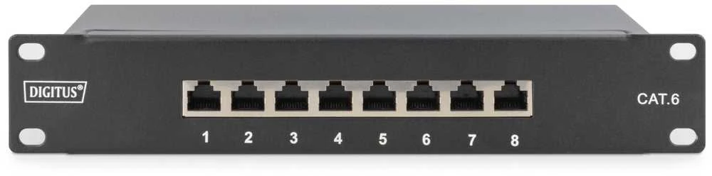 Assmann Electronic DIGITUS CAT 6 E klasės skydelis ekranuotas 8 prievadų RJ45 8P8C LSA 1U 254 mm (10 colių) Rack Mount spalva juodas RAL 9005