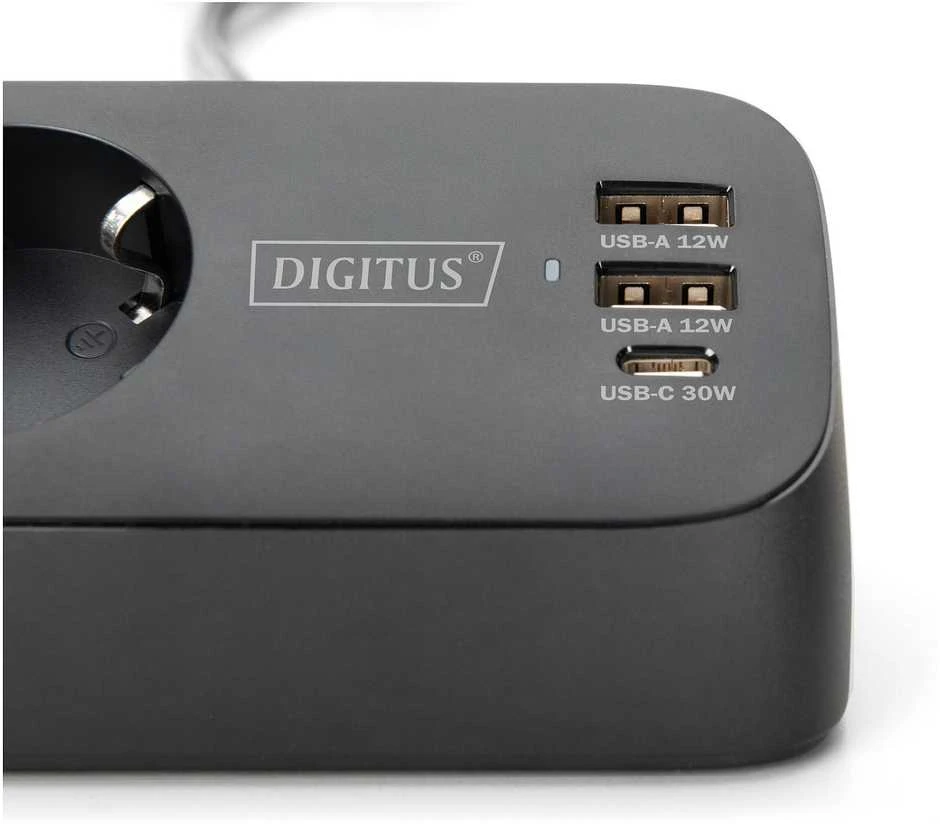 „Digitus“ 3 krypčių biuro lizdų juosta su 2 USB-A ir 1 USB-C jungtimis | DA-70625