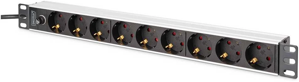 Digitus PDU Rack 19" maitinimo lizdas su apsauga nuo perkrovos, 9 Schuko CEE 7/3 (45°) lizdai, 2 m laidas, IEC C14 kištukas, 10A, aliuminis