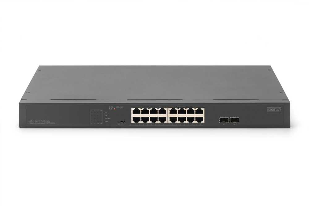 Šakotuvas Digitus 16-PORT GBIT SWITCH 19ZOLL UNMA - 2-PORT GBIT SFP UNMA POE SWITCH